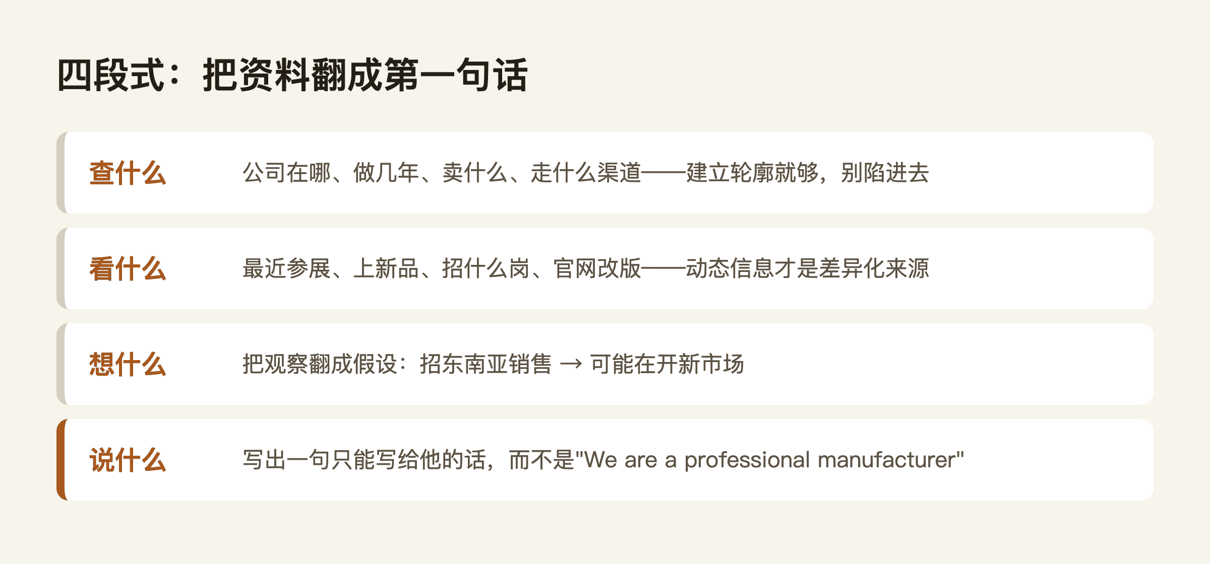 客户背景查了一页纸,开发信第一句还是那句老话